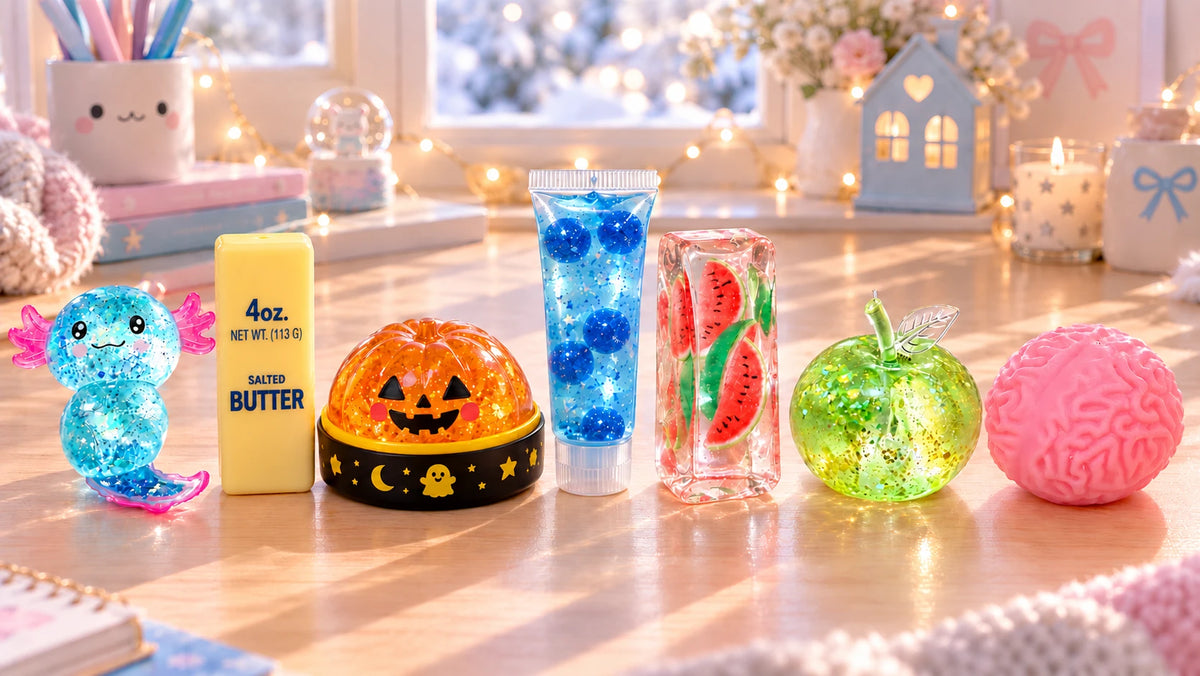 Les squishys SQUISHDO alignés sur une table : axolotl, beurre, citrouille, tube, barre, pomme et cerveau