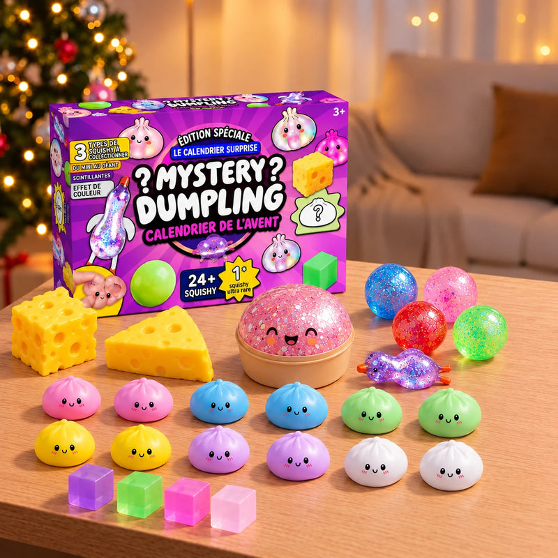 Contenido del calendario Mystery Dumpling: 24 squishies (12 dumplings pequeños, 1 dumpling grande, 4 bolas con purpurina, 4 cubos, 2 quesos, 1 pato)
