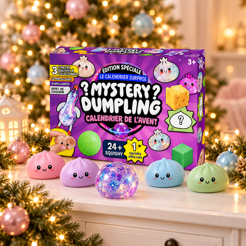 Calendrier de l'Avent Mystery Dumpling sous le sapin avec ses squishys