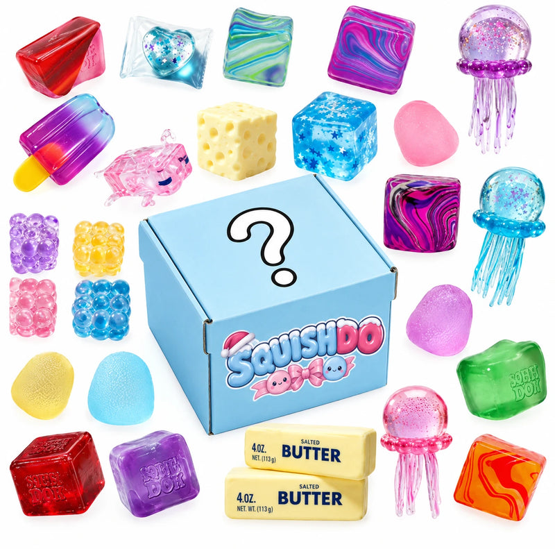 SQUISHDO mystery box surrounded by the possible squishy designs