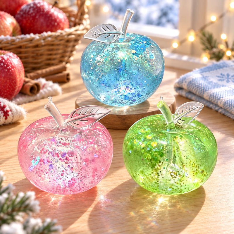 Les 3 squishys pommes pailletées : bleue, rose et verte
