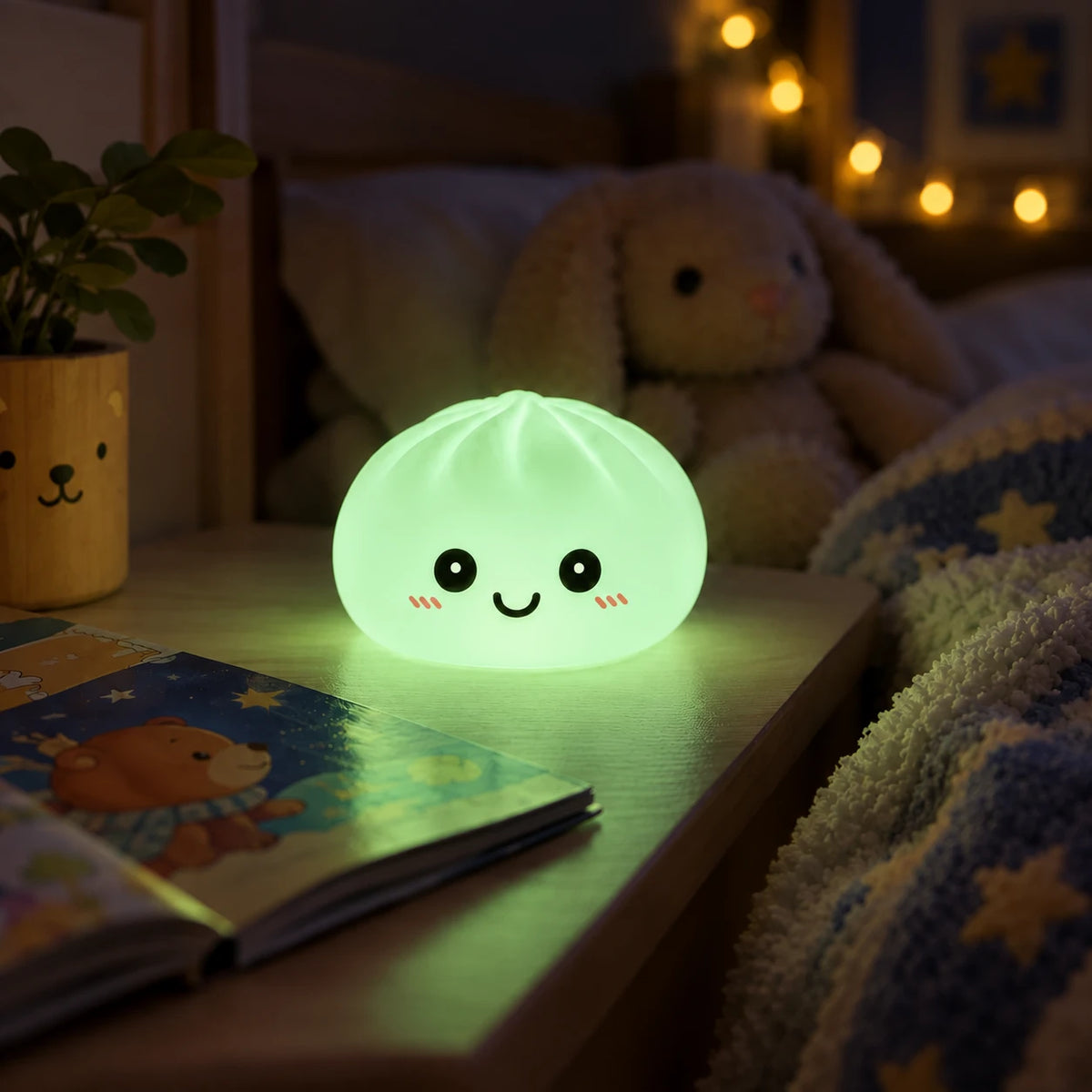Veilleuse Dumpling verte allumée sur une table de nuit