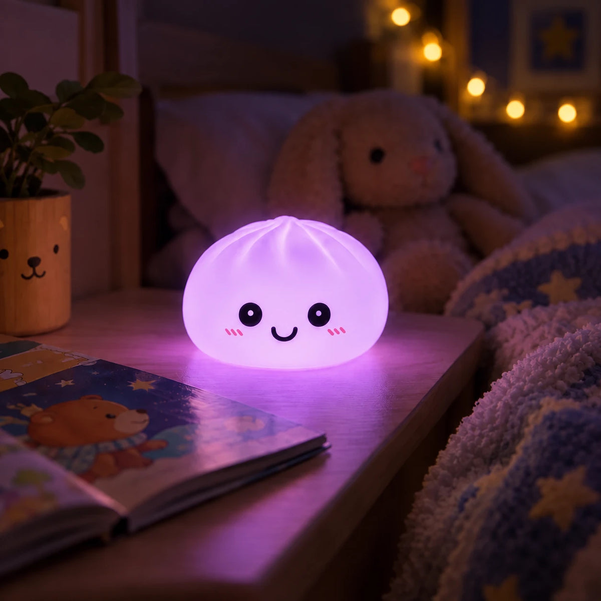 Veilleuse Dumpling violette allumée sur une table de nuit